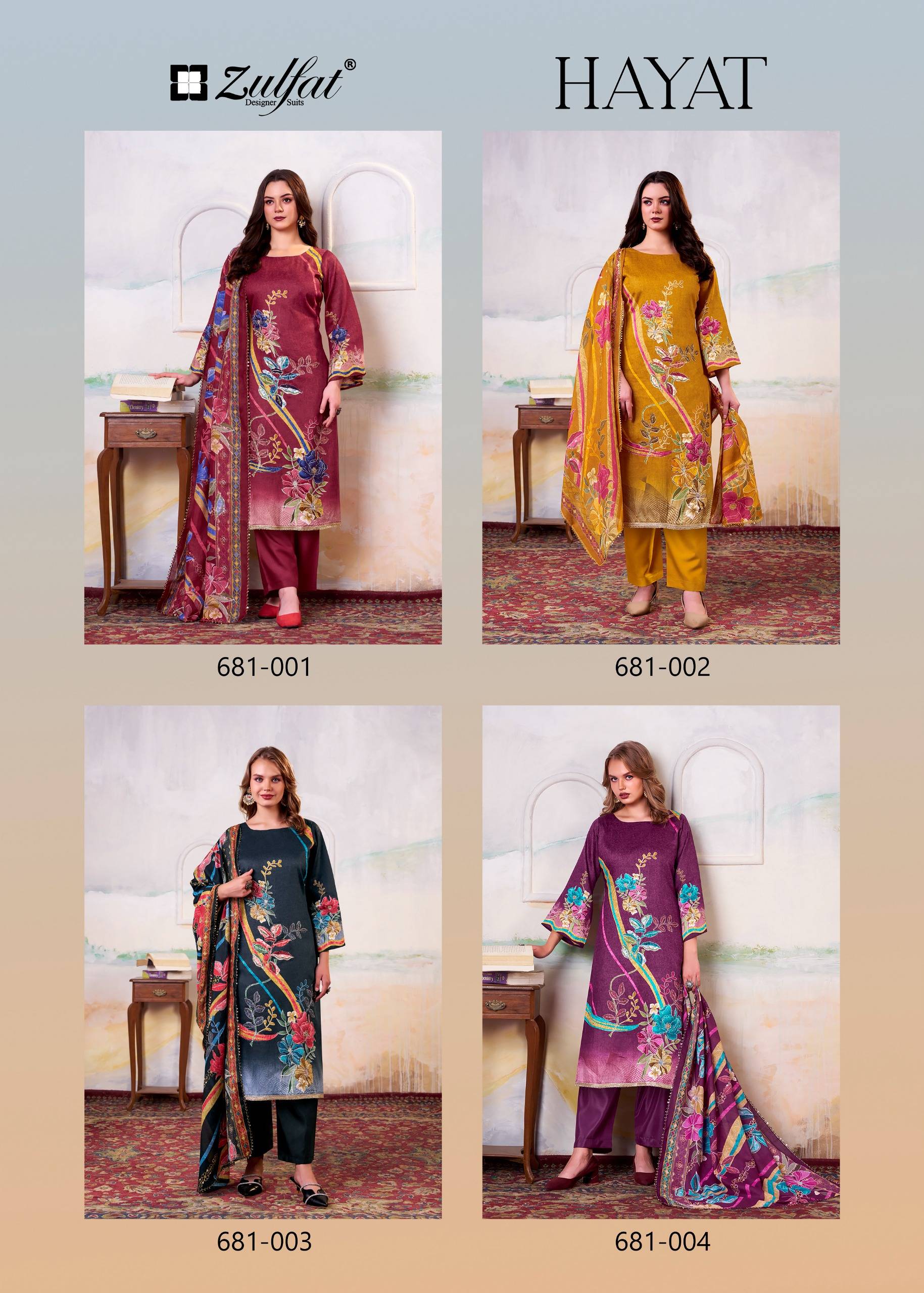 HAYAT BY Zulfat Designer 681-001 TO 681-001 SERIES Pakistani Stylish Embroidered Pure Jam Cotton Dresses At Wholesale Price